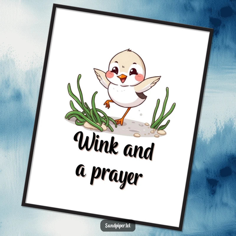 Funny Digital Art Print: Playful sandpiper with mischievous grin winks while darting around seaweed, coastal charm.