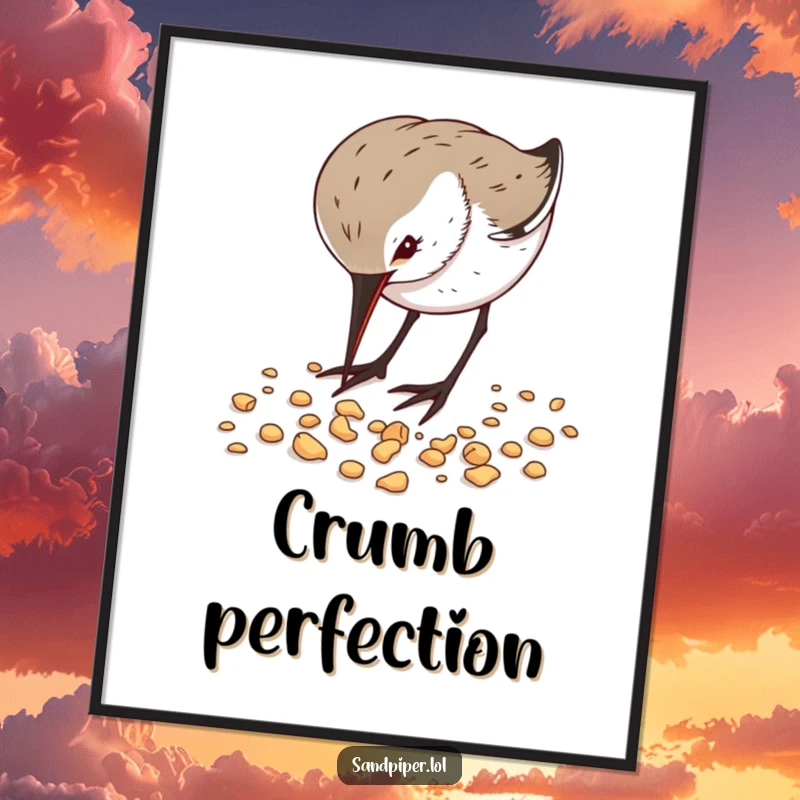 Funny Digital Art Print of a sandpiper energetically pecking crumbs, an instant download of humorous wildlife art.
