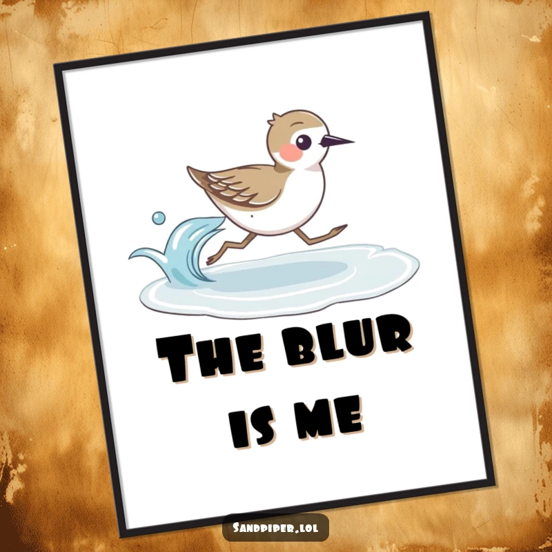 High-quality digital art print of a sandpiper bird running swiftly beside a gentle wave, perfect for coastal decor.