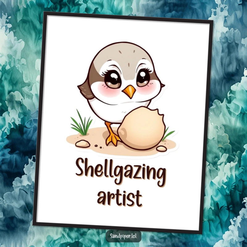 Funny Digital Art: A sandpiper character with wide eyes curiously observes a seashell, a charming illustration.