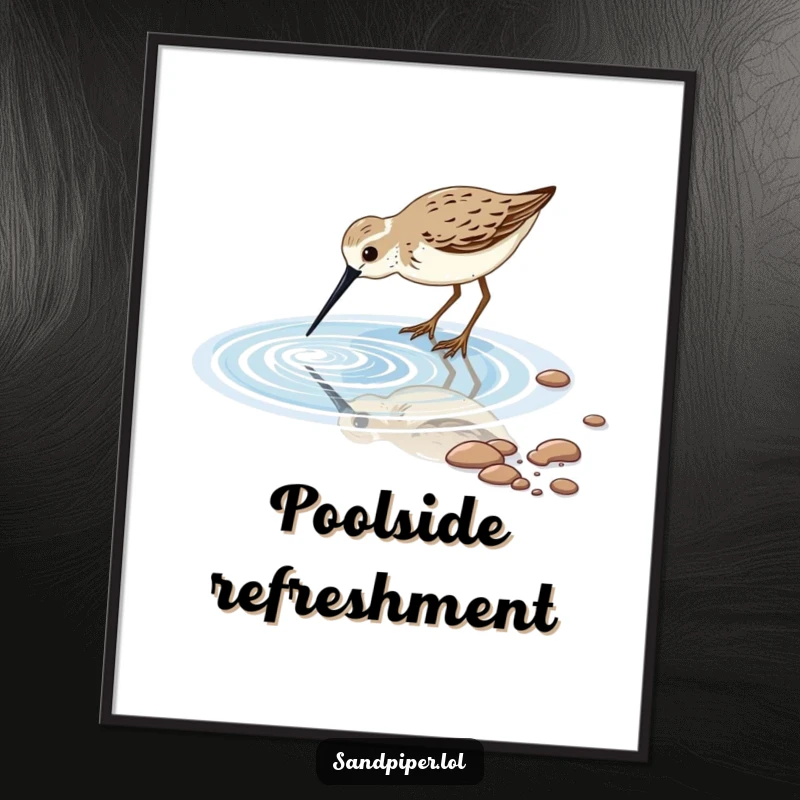 High-quality digital art print of a sandpiper bird dipping its beak into a sparkling tidal pool, perfect for serene decor.