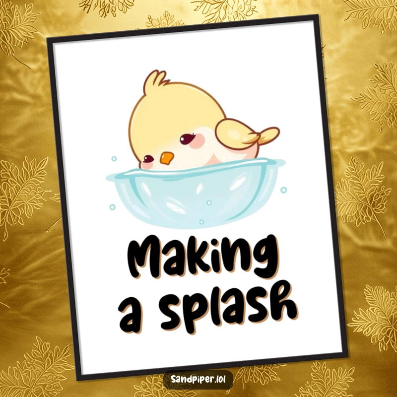 Funny digital art print of a playful bird dipping its head underwater, creating small, cheerful splashes for decor.