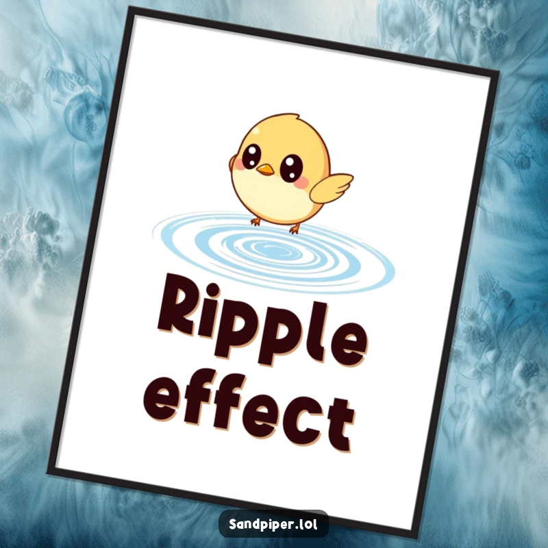 Funny digital art print of a small bird with wide eyes mid-chase after a bouncing water ripple, adding humor to any wall.