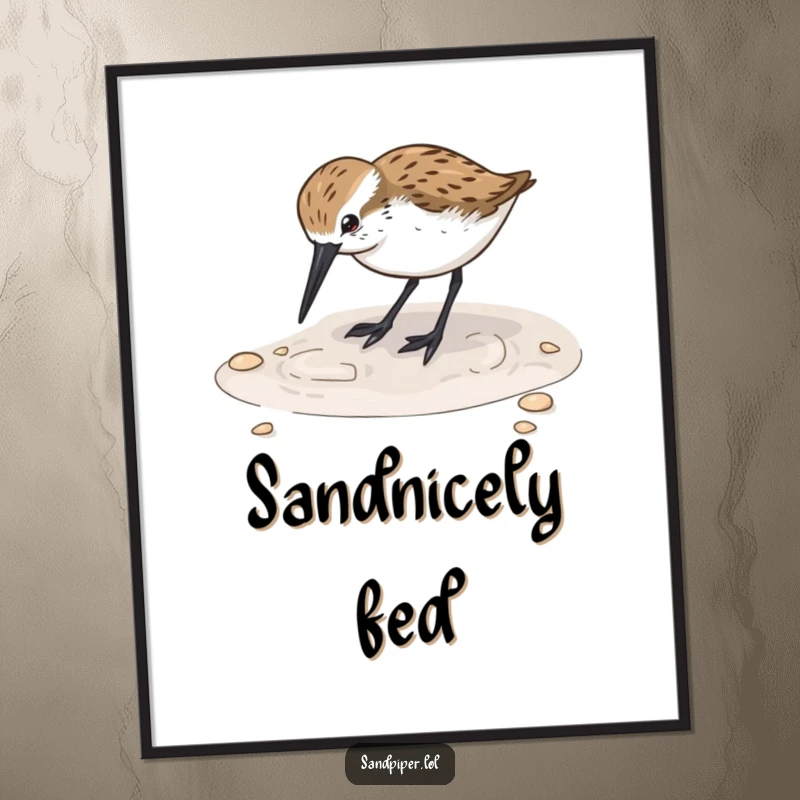 Funny Sandpiper Digging Digital Art: An adorable sandpiper happily digs its beak into wet sand, downloadable for instant charm.