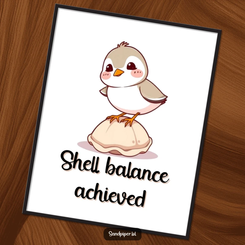 Funny sandpiper digital art print, giggling bird with rosy cheeks comically balancing on a seashell, coastal decor.