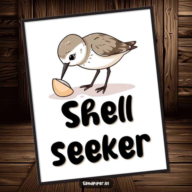 Funny sandpiper digital art print of a curious bird pecking at a shell, perfect for instant, whimsical wall decor.