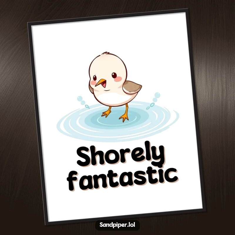 Funny sandpiper digital art print of a cute bird character gleefully splashing in water, adding a humorous touch to any screen.