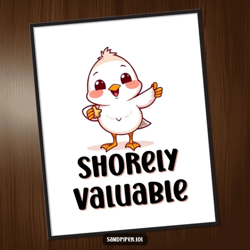 Funny Digital Art Print of a delighted sandpiper bird with a smile, presenting a tiny found treasure.