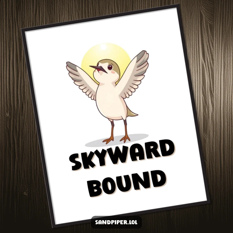 Funny sandpiper bird digital art print, stretching wings upwards greeting the sun, instant download, cute funny gift.