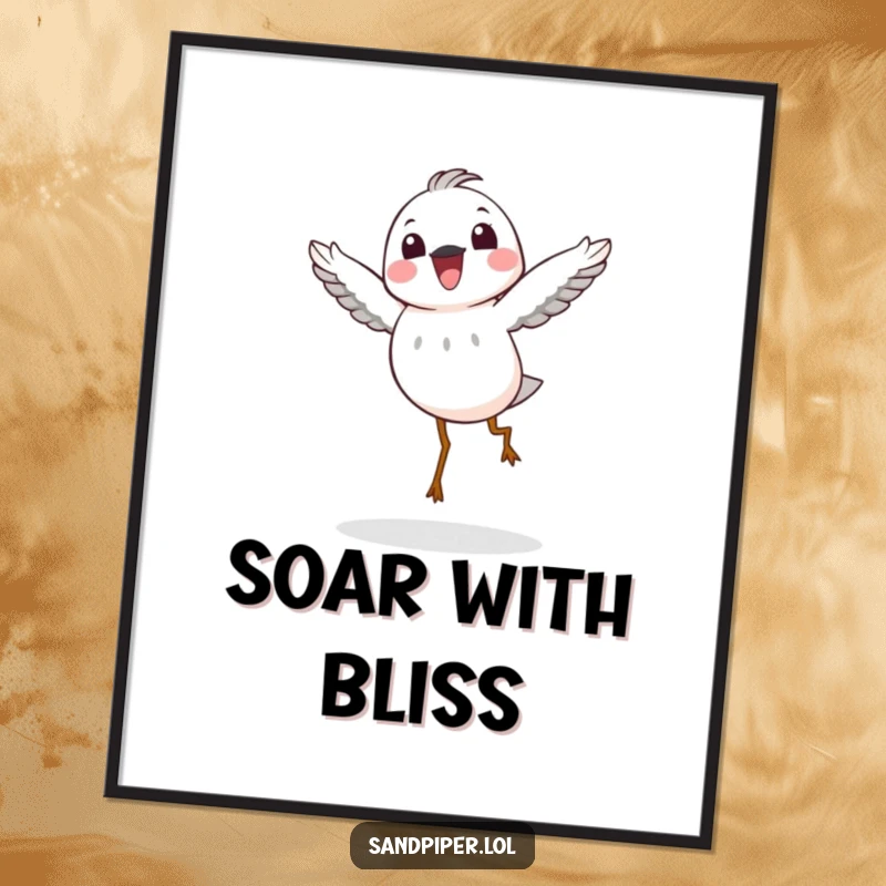 Funny Digital Art Print: A sandpiper character in a joyful mid-air hop, creating a vibrant and humorous piece.