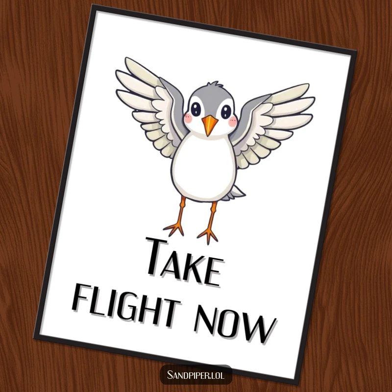 Funny digital art print of a sandpiper with wings spread, appearing ready to fly, perfect for instant, nature-inspired wall decor.