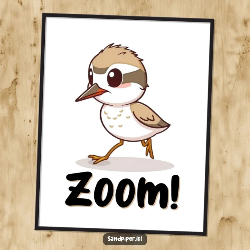 Funny Digital Art Print: An alert sandpiper character poised to sprint, creating a dynamic and humorous visual.