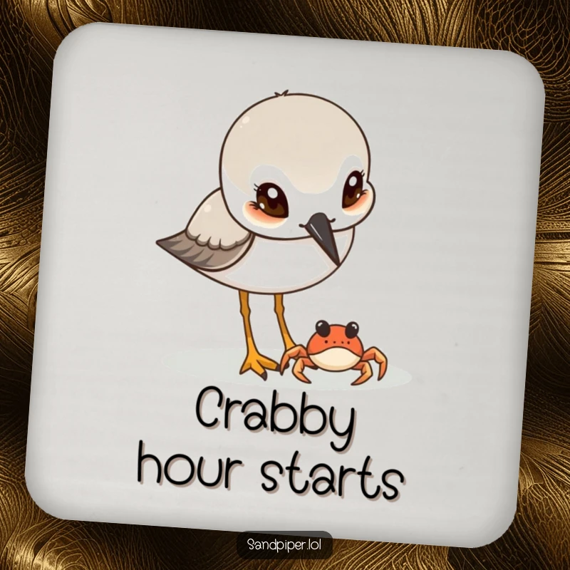 Funny Sandpiper & Crab Coaster: A sandpiper curiously observes a tiny crab, adding funny beach charm while protecting surfaces.