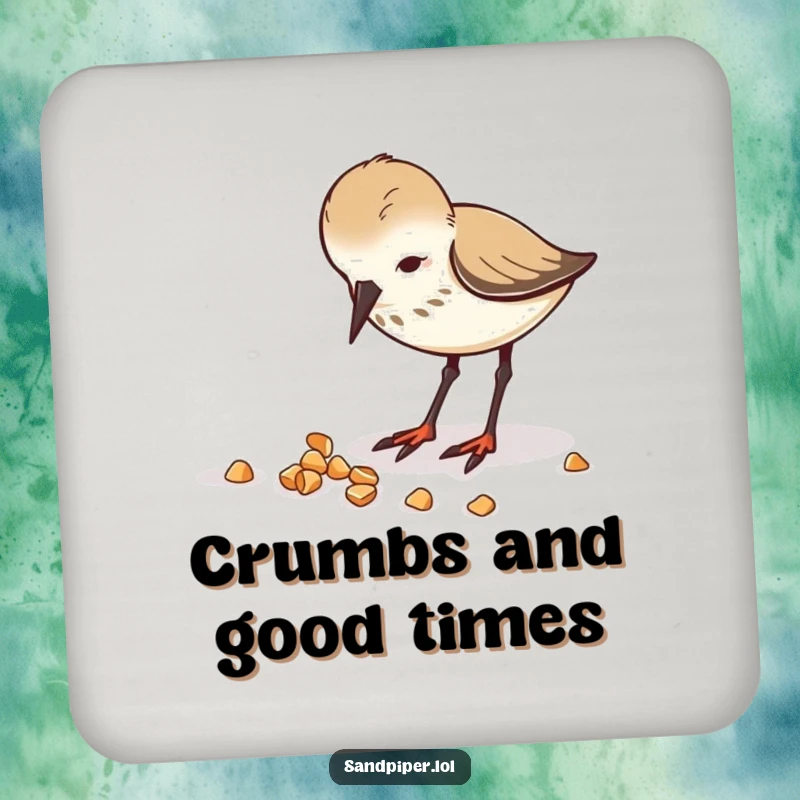 Funny coaster set showing a sandpiper focused on pecking delicious crumbs.
