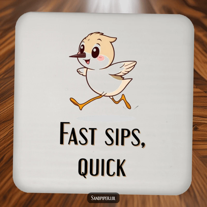 Funny Sandpiper Coasters, set of coasters featuring a cartoon bird running sideways with surprising speed and a smile, protecting tables.