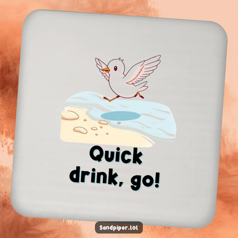 Funny drink coasters featuring a cute bird running along a shoreline with wings outstretched, protecting surfaces with beachy humor.