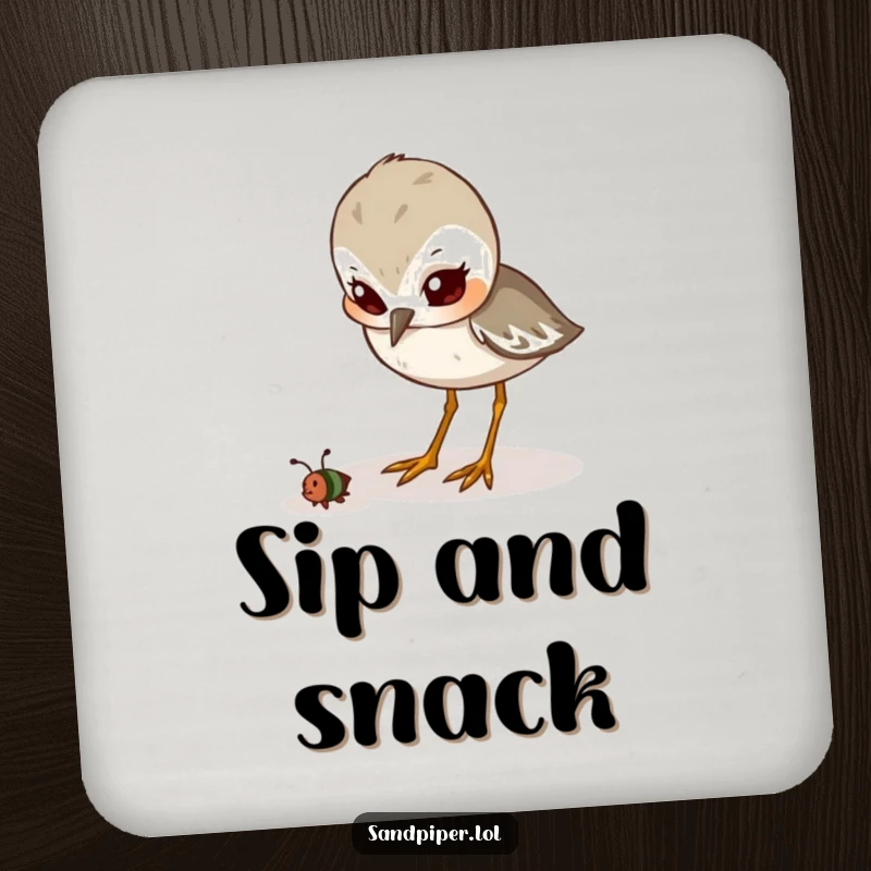 Funny Drink Coasters: A sandpiper is depicted with intense focus, pecking at a small insect, adding motivation to tabletops.
