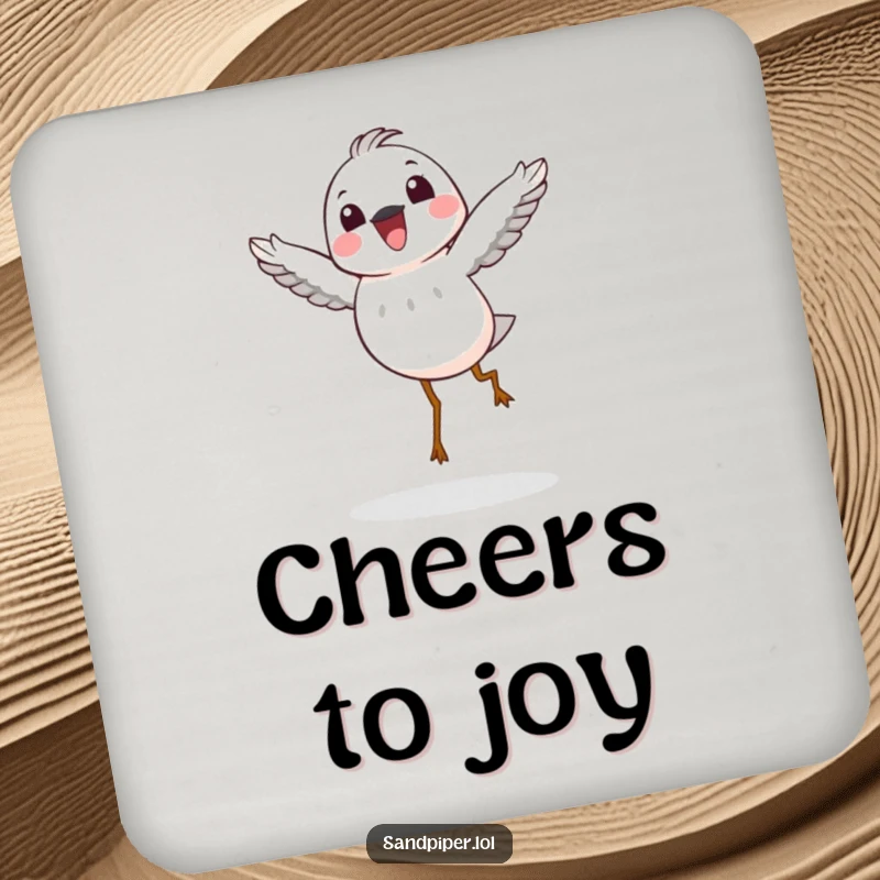 Funny Coaster: A sandpiper character doing a joyful hop in the air, providing a protective and amusing surface for drinks.