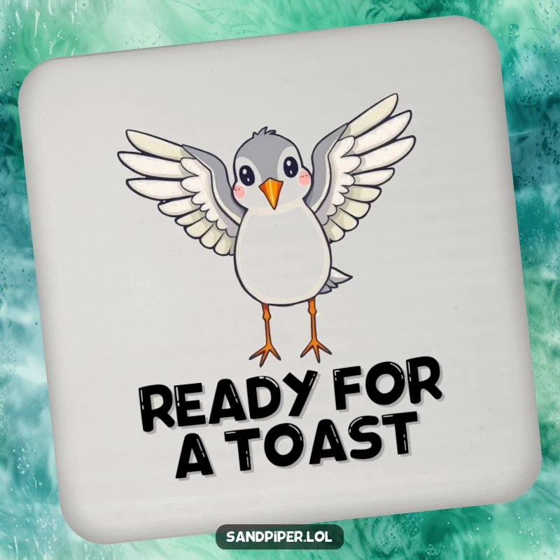Funny drink coaster featuring a sandpiper with wings spread, appearing ready to fly, safeguarding furniture with nature-inspired humor.
