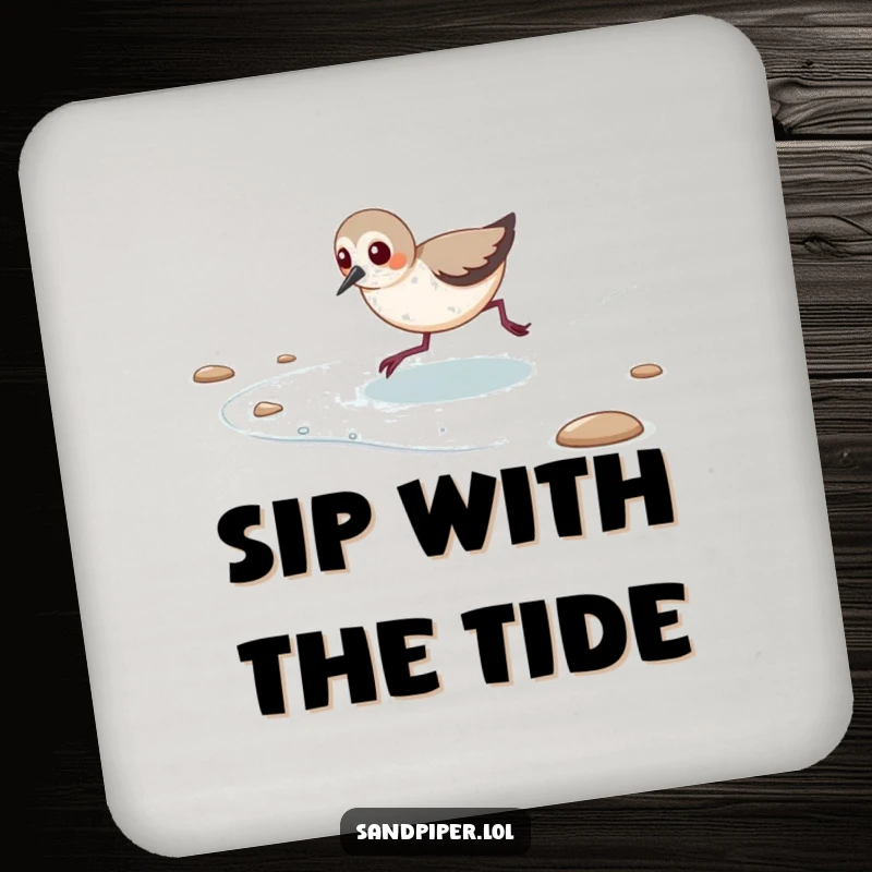 Funny coaster set depicting a sandpiper playfully chasing the ocean tide.