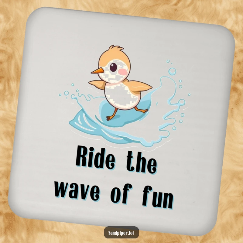 Funny Sandpiper Coasters (Set of 4) depicting a cute bird character playfully chasing a frothy wave, perfect for beach lovers.
