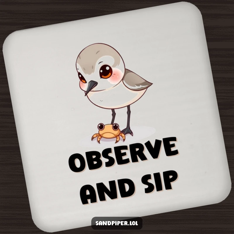 Funny sandpiper coaster, curious bird watching tiny crab, humorous drink protector, coastal decor, perfect gift.