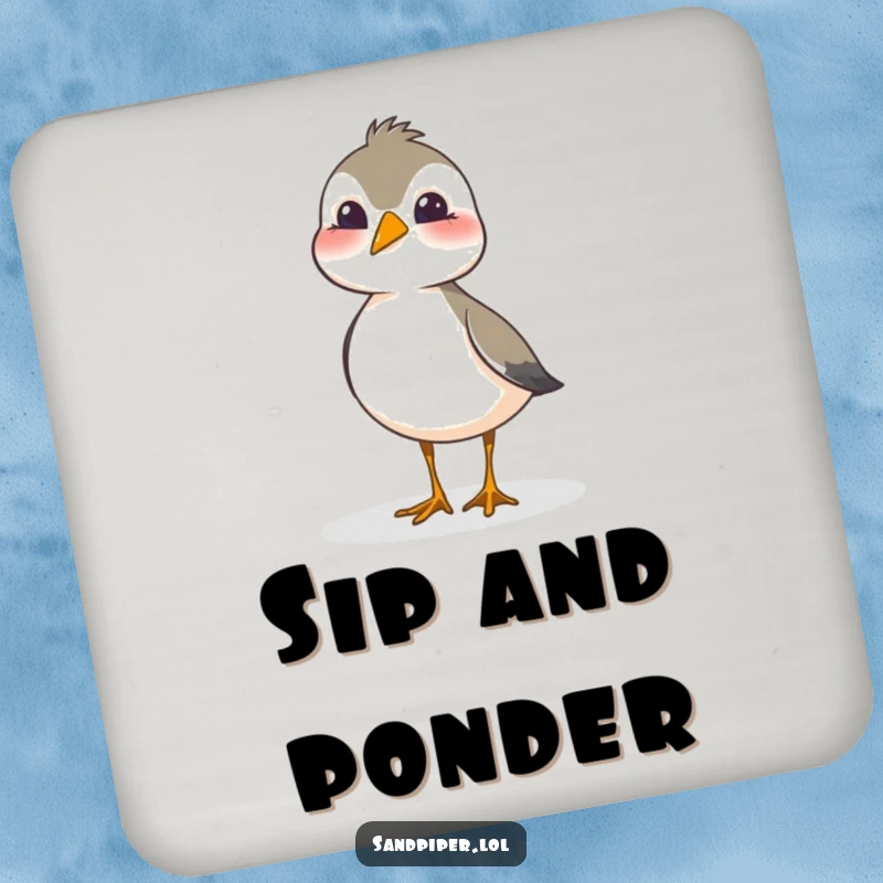Funny sandpiper coaster featuring a sandpiper bird tilting its head with an adorable and curious expression.