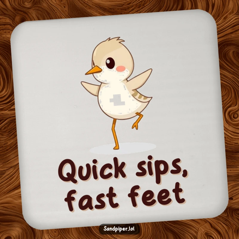 Funny sandpiper coaster featuring a determined sandpiper bird hopping happily, protecting surfaces with style.