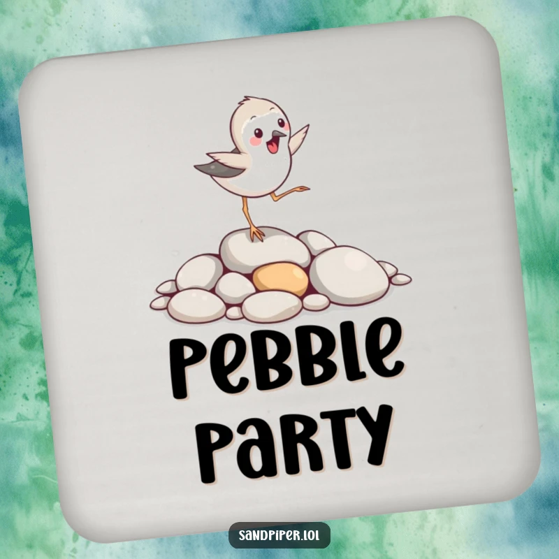 Funny sandpiper bird coasters, hopping excitedly over smooth pebbles, home decor, unique funny gift.