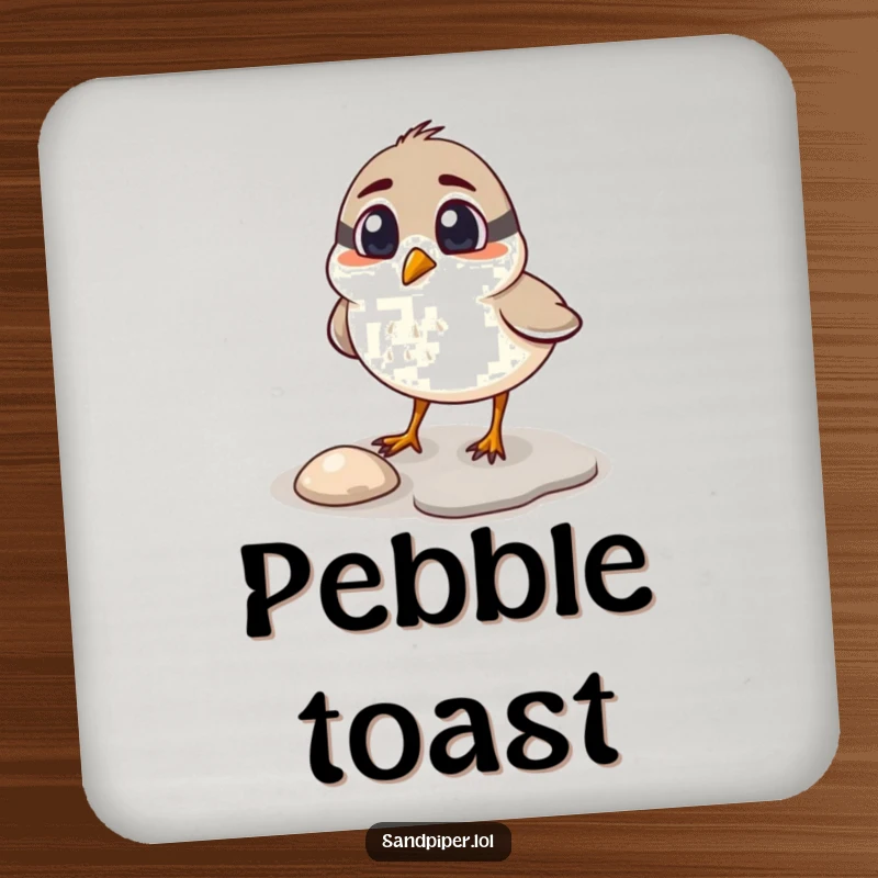 Funny sandpiper coasters, set of coasters with a surprised bird pecking at a shiny pebble, humorous home accessory.