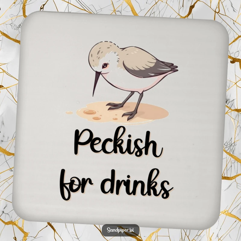 Funny drink coasters featuring a cute sandpiper character pecking at the ground with playful curiosity, protecting surfaces with charm.