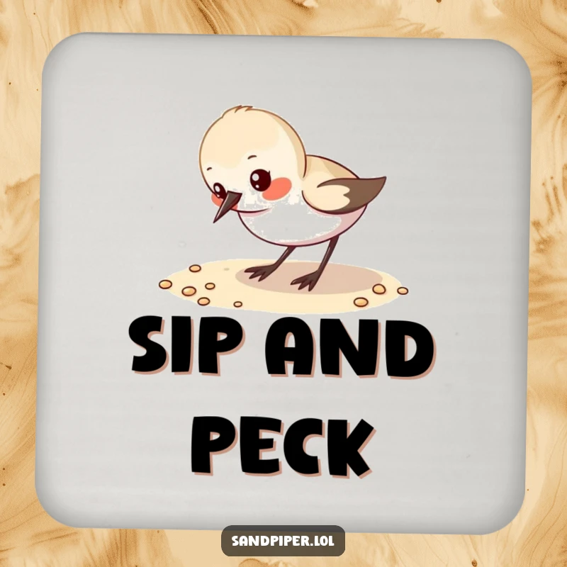 Funny Coaster: A small sandpiper character pecks at sand, a charming and humorous protective detail.