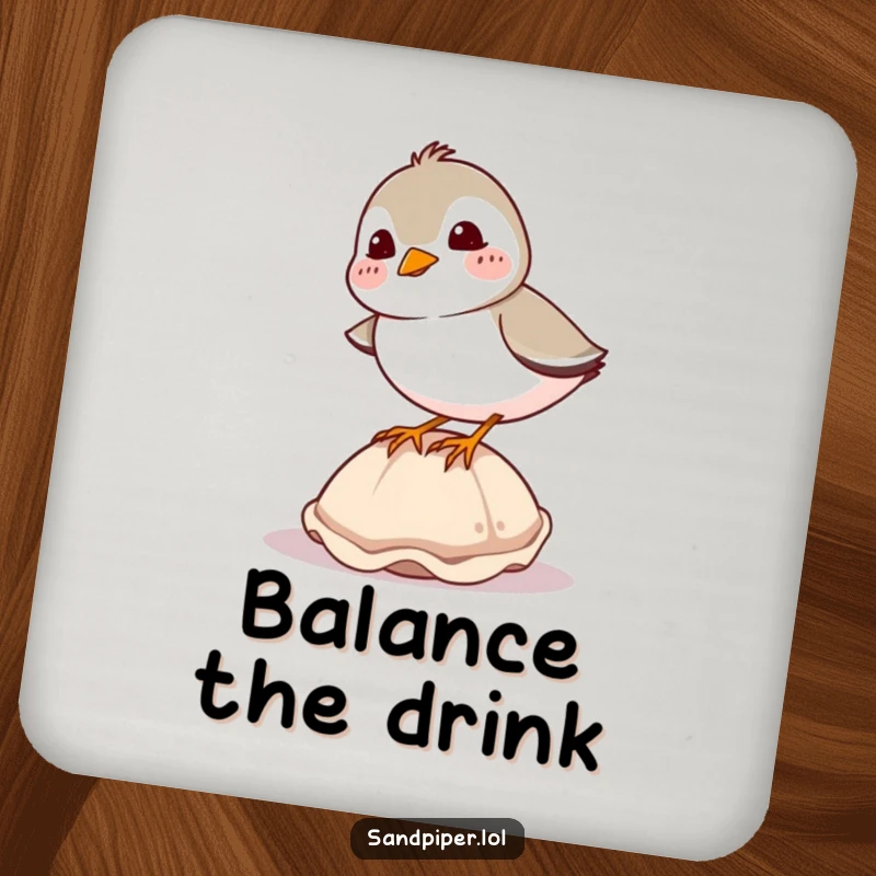 Funny sandpiper coasters, set of coasters with a giggling bird balancing on a seashell, humorous home accessory.