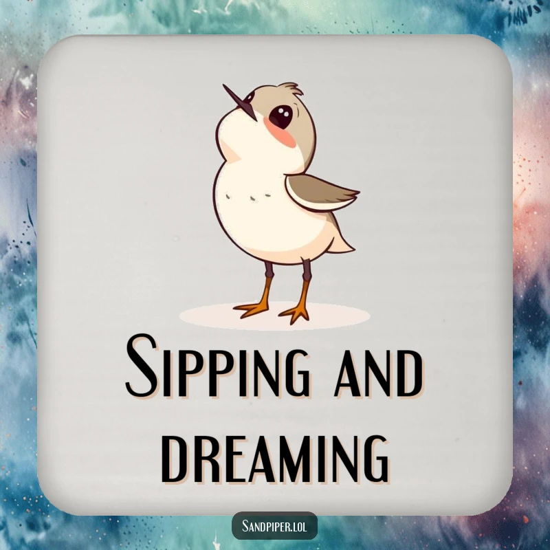 Funny drink coaster with a sandpiper bird looking up at the sky with wonder, protecting surfaces with dreamy charm.
