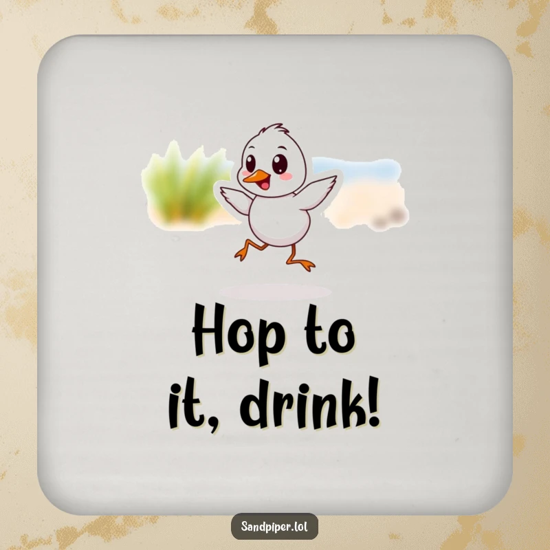 Funny Sandpiper Coaster featuring a cheerful bird in a playful hop, adding humor to surfaces.