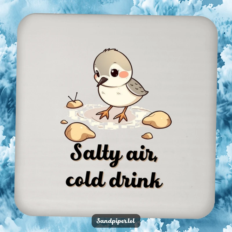 Funny Drink Coaster with a sandpiper bird playfully digging in imaginary sand, bringing playful humor to your table.