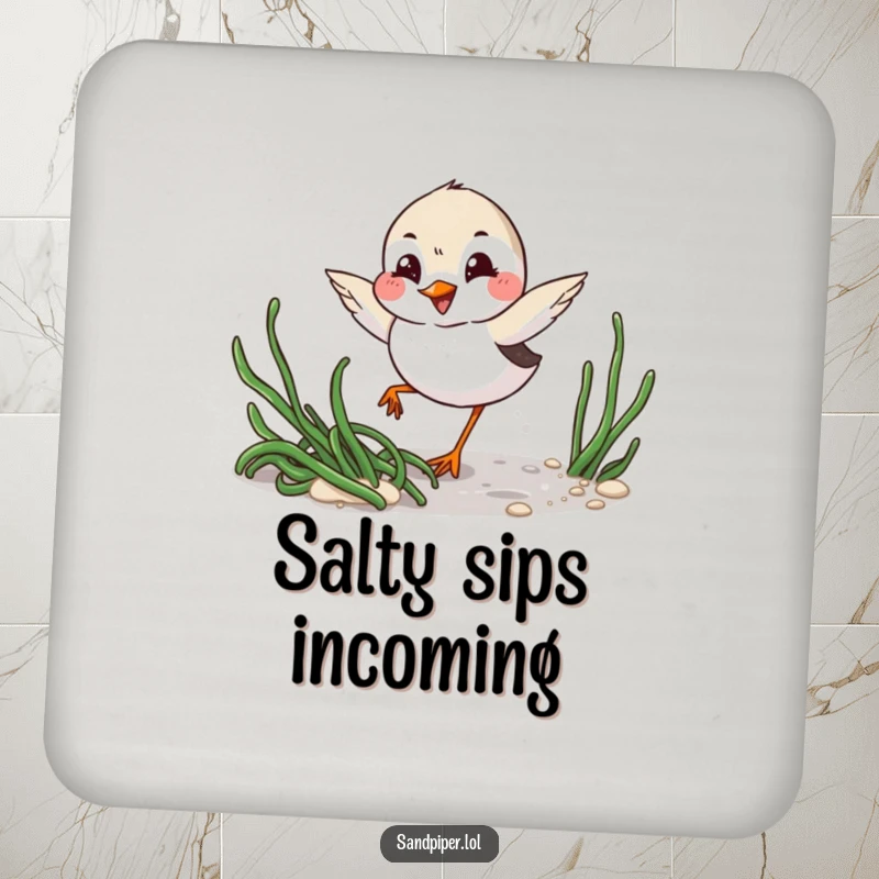 Funny Coaster: Playful sandpiper with mischievous grin winks while darting around seaweed, protecting surfaces.