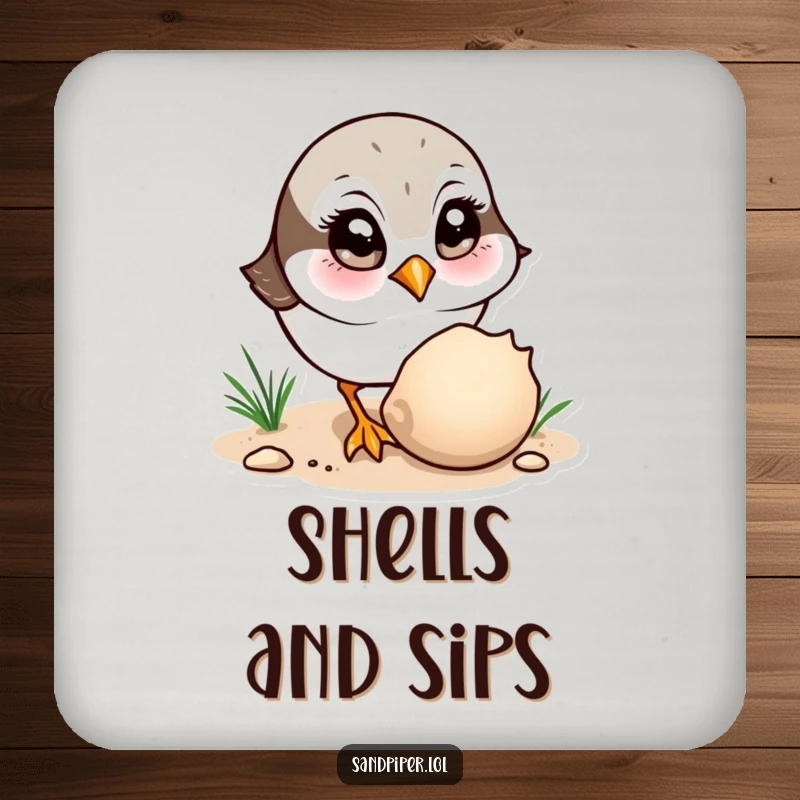Funny Coaster: A sandpiper character curiously observes a shell, a charming and humorous protective detail.