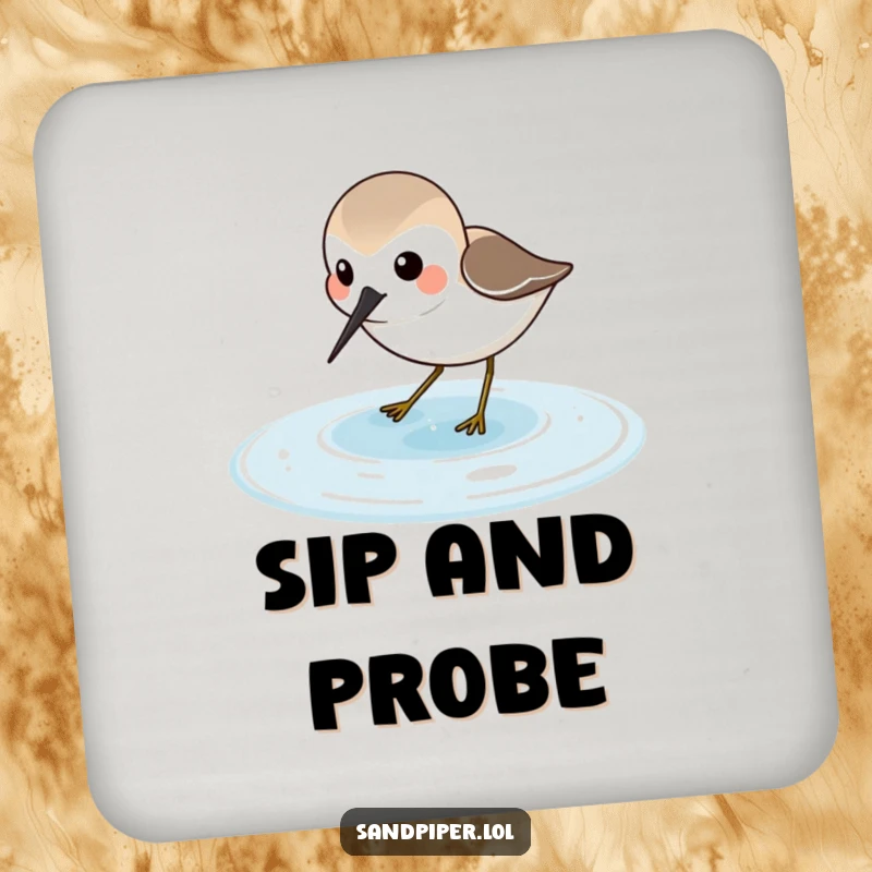 Funny Sandpiper Coasters set featuring a joyful sandpiper character probing in shallow water, perfect for coastal homes.