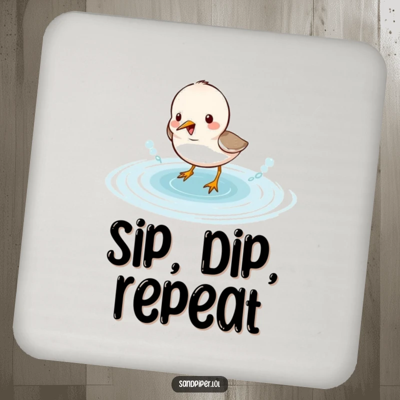 Funny sandpiper coaster featuring a cute bird character splashing in water, a delightful and protective addition to any table.