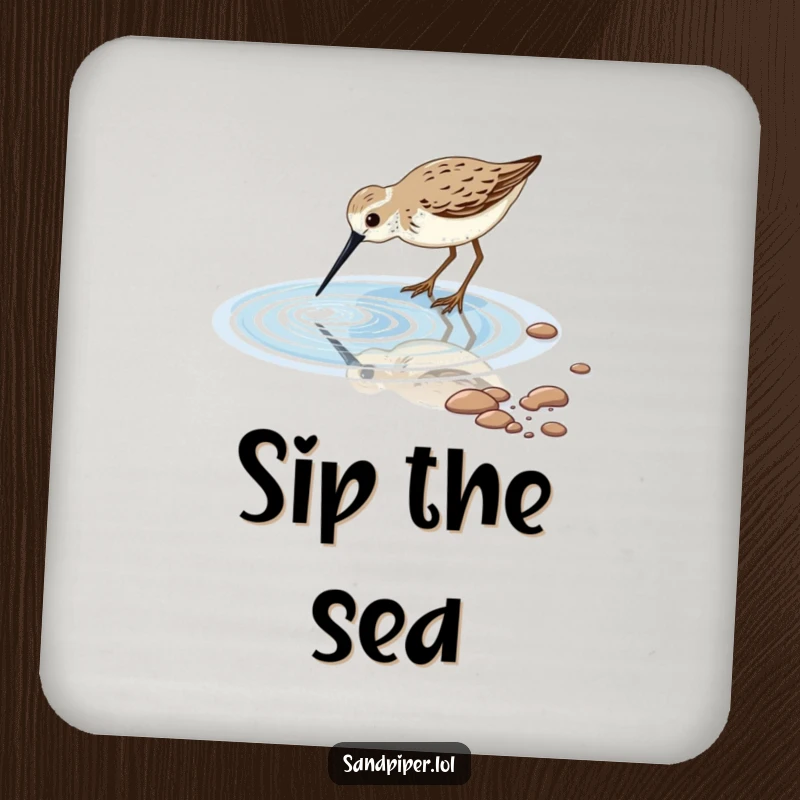 Set of coasters featuring a sandpiper bird dipping its beak into a sparkling tidal pool, adding coastal peace.