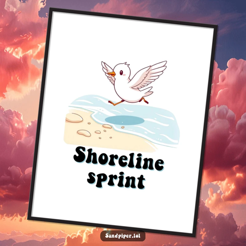 Funny poster art of a cute bird running energetically along a shoreline with wings outstretched, embodying beach fun.