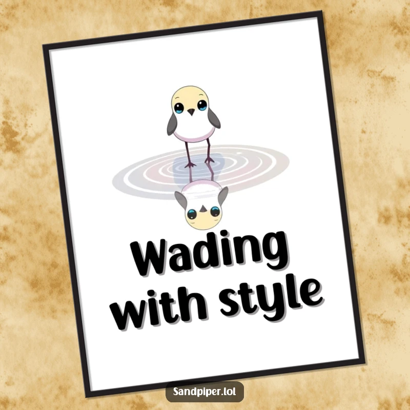 Funny poster art of a small, slender bird with bright eyes wading in shallow water, bringing peaceful nature vibes.