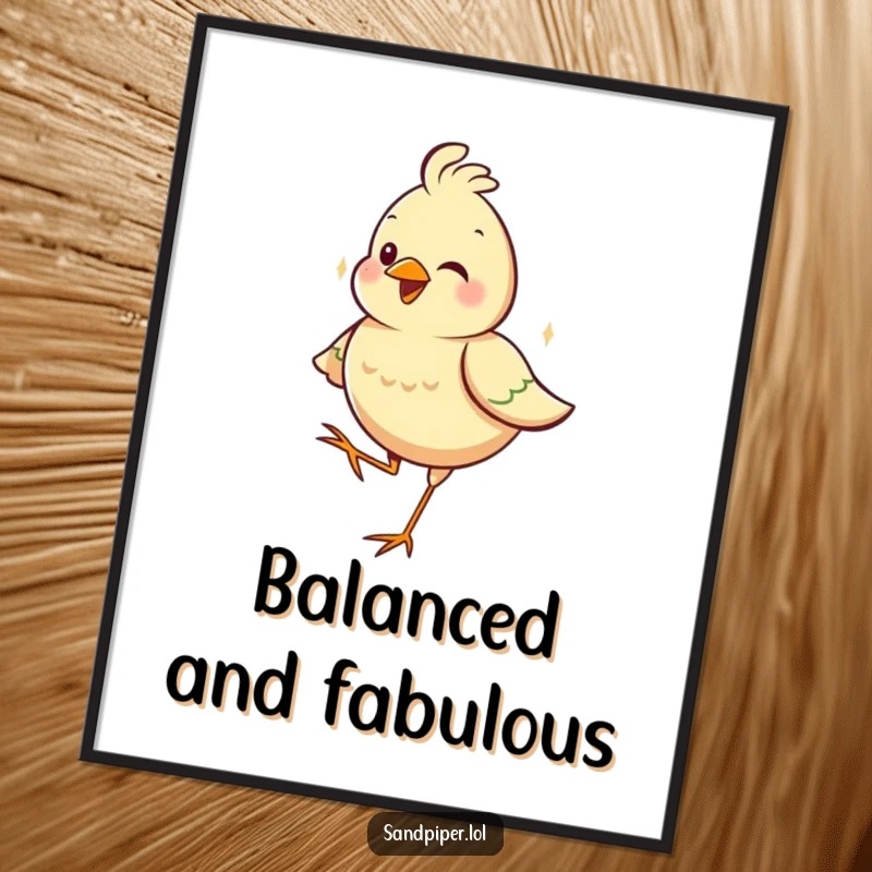 Funny poster of a cheerful bird standing firmly on one leg, embodying contentment and a whimsical sense of balance.