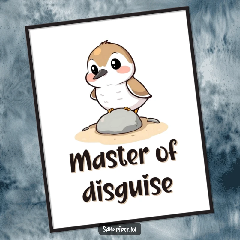 Funny Poster: A sandpiper character comically attempting to hide behind a tiny stone, creating a humorous and relatable piece of wall art.