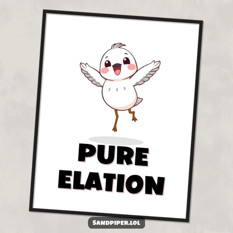 Funny Poster: A sandpiper character in a mid-air joyful hop, creating a vibrant and humorous piece of uplifting wall art.