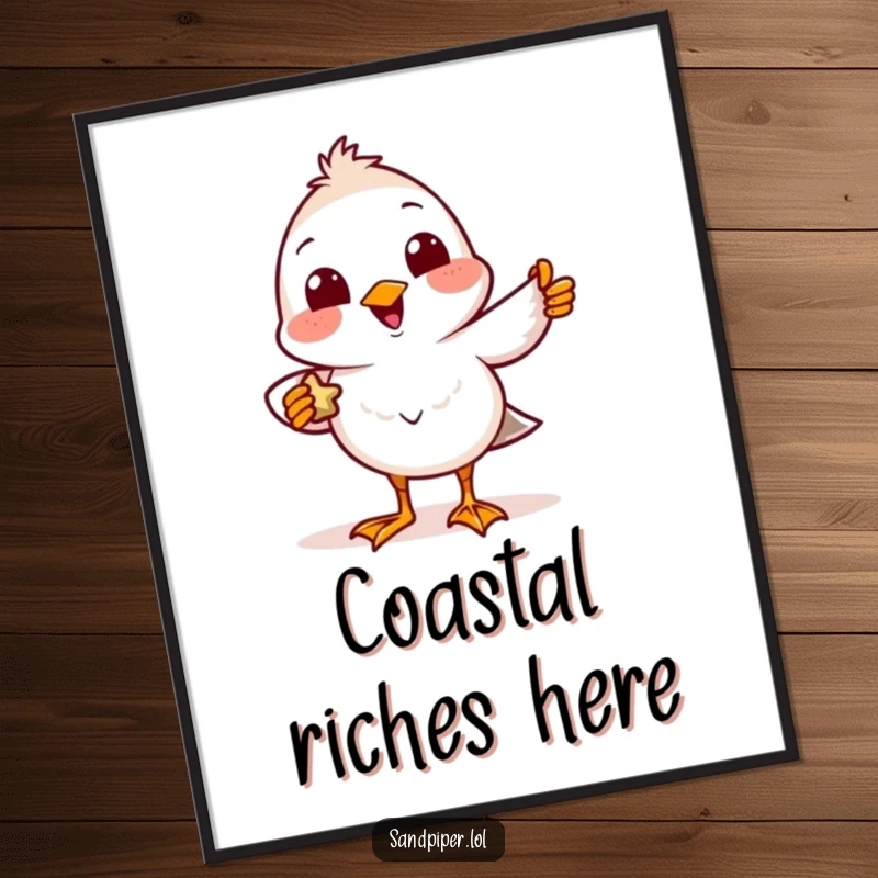 Funny Poster of a delighted sandpiper bird with a friendly smile showing off a tiny found treasure.