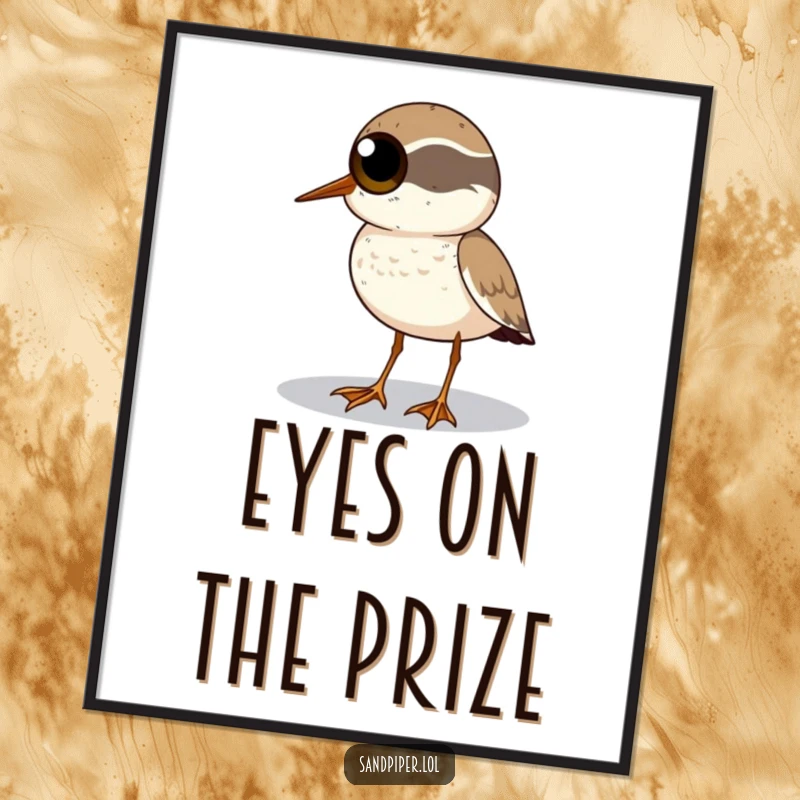 Funny Sandpiper Poster: A sandpiper with large, round eyes scans the horizon, creating humorous observational art.