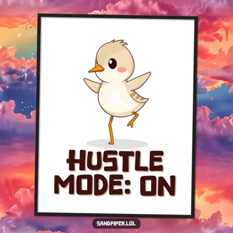 Funny sandpiper poster showcasing a determined sandpiper bird joyfully hopping with purpose and a cheerful stride.