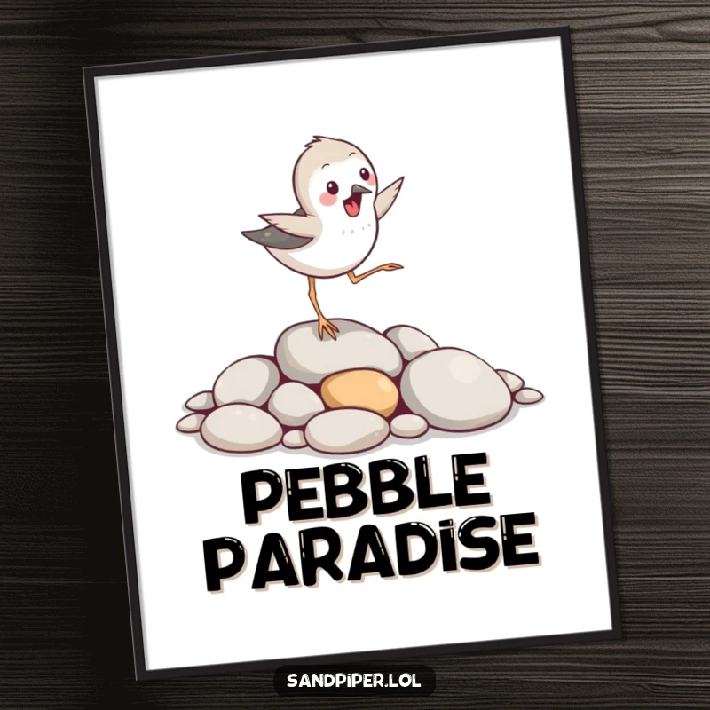 Funny sandpiper bird poster, hopping excitedly over smooth pebbles, lively decor, ideal funny gift.